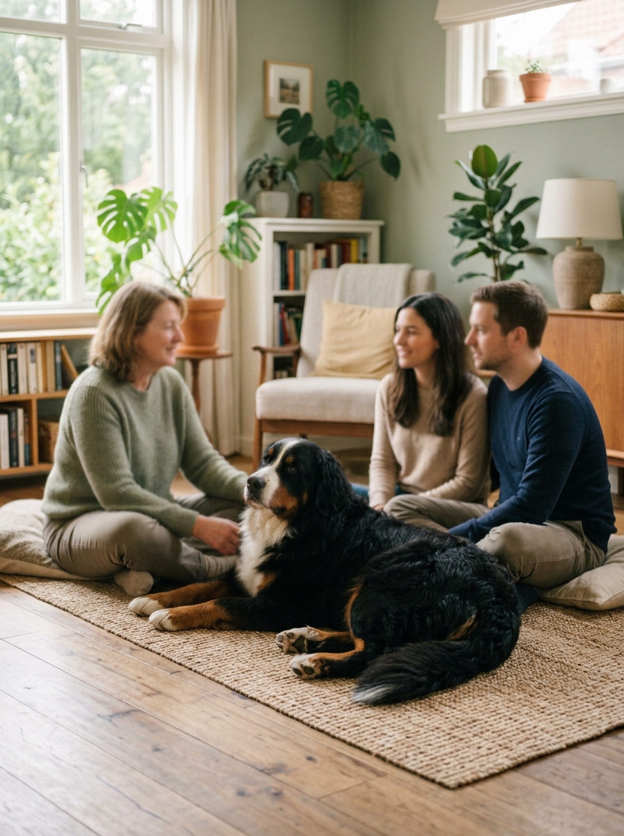 Züchterin sitzt mit einem Paar und einem Berner Sennenhund auf dem Boden eines hellen Wohnzimmers