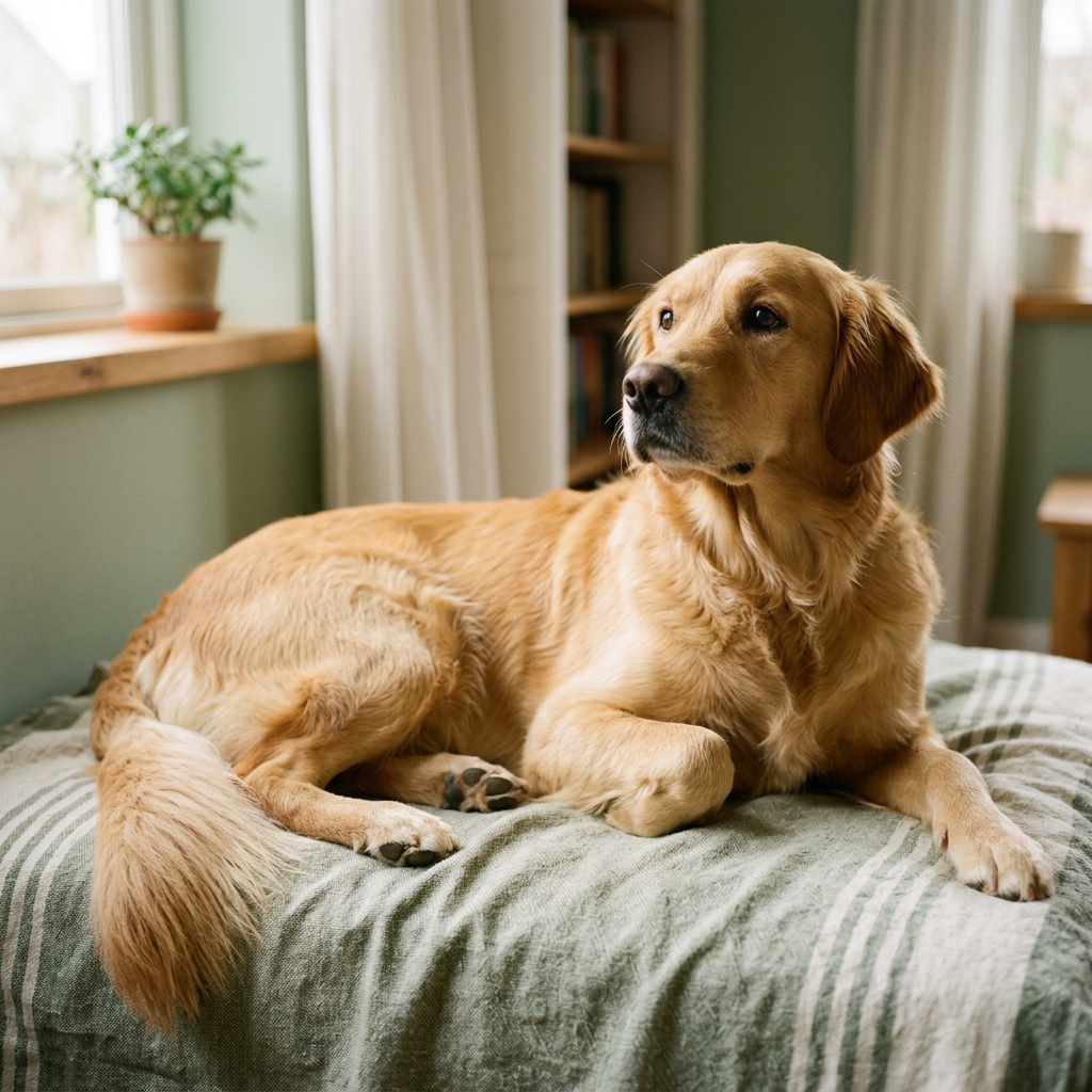 Golden-Retriever-Hündin liegt entspannt auf einer Decke am Fenster