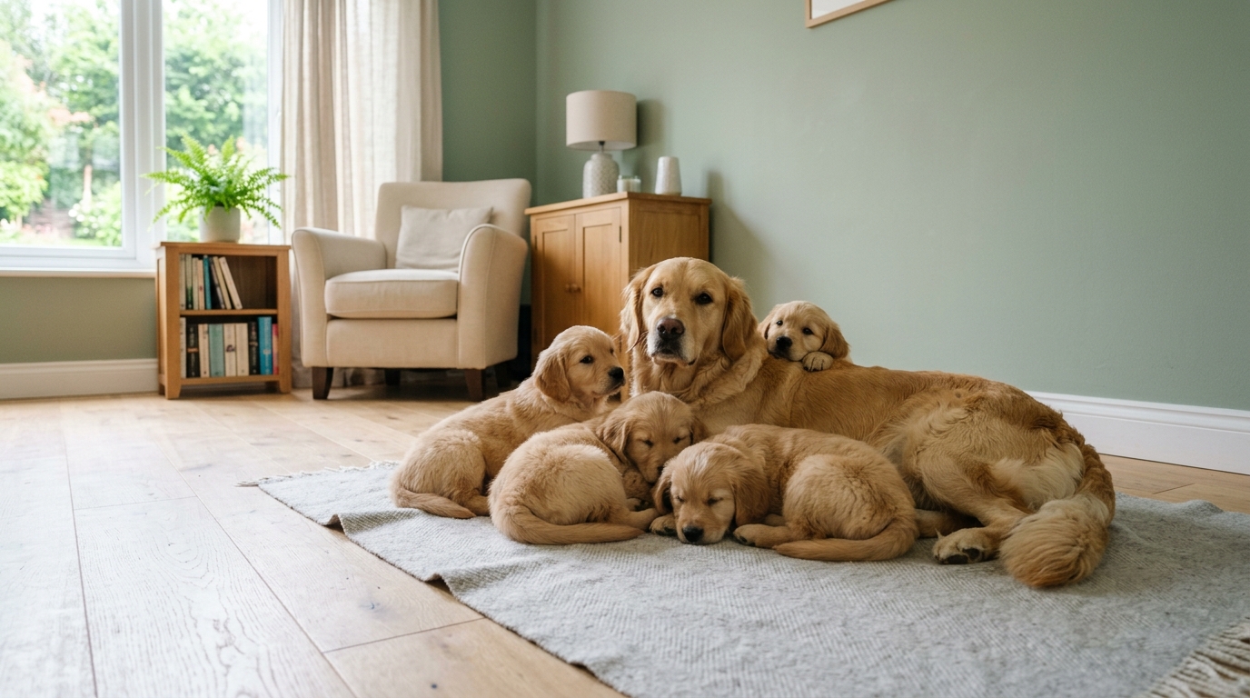 Golden-Retriever-Hündin liegt mit ihren Welpen auf einem Teppich in einem hellen Wohnzimmer